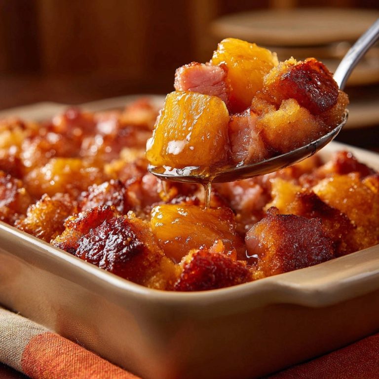 Sweet & Savory Ham & Pineapple Bake shown on a spoon with dripping glaze, highlighting its tender and flavorful texture.