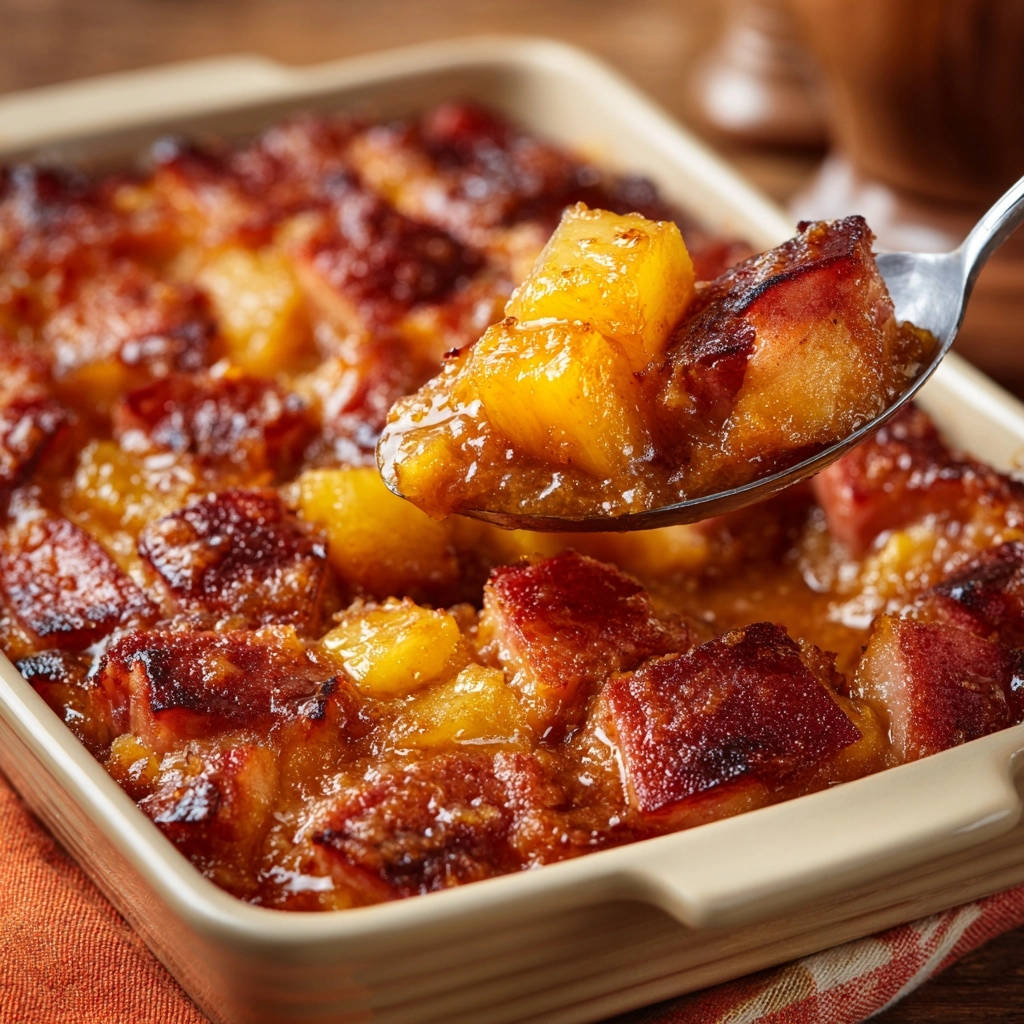 Sweet & Savory Ham & Pineapple Bake shown in a casserole dish with a spoonful of the tender, flavorful dish being lifted out.