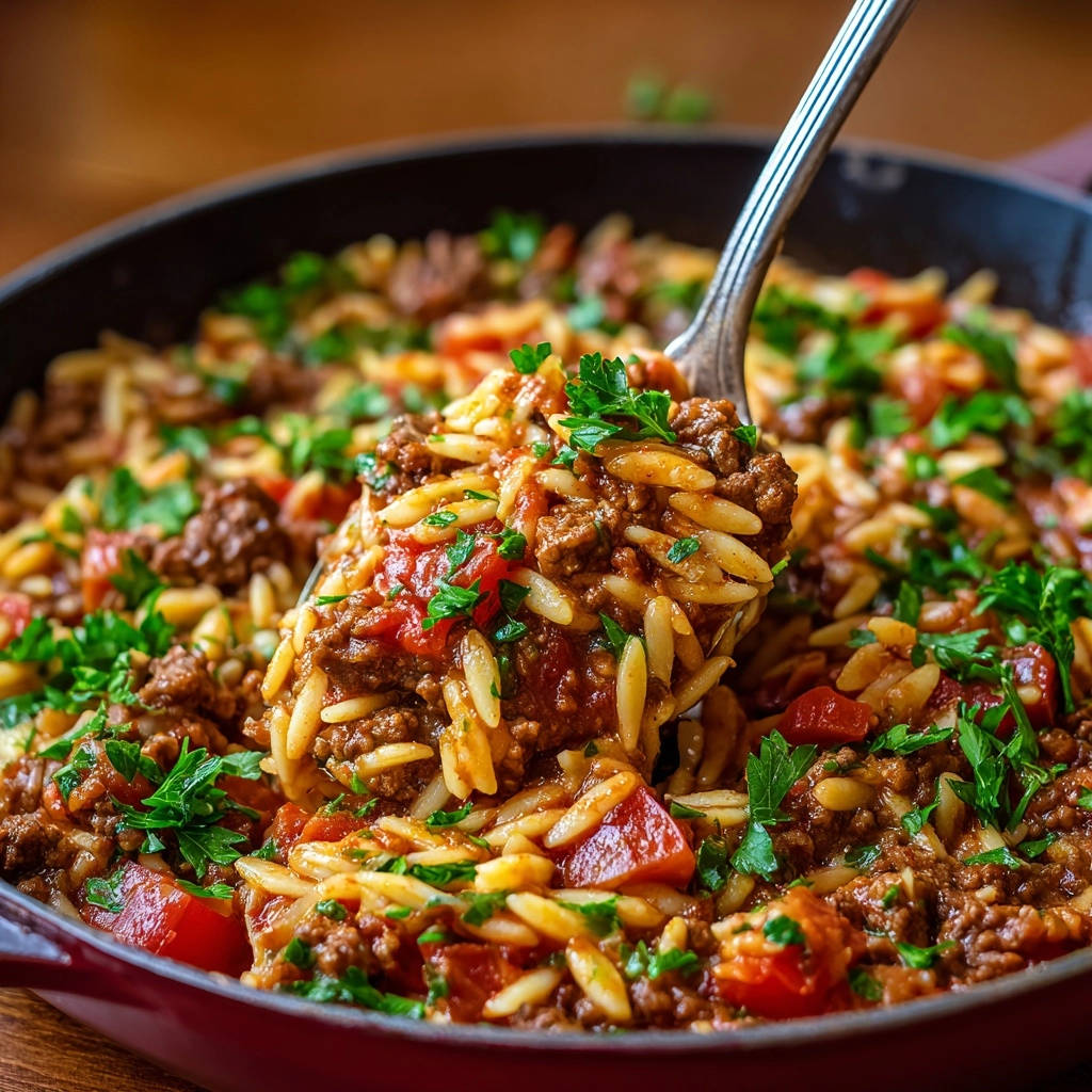 Hearty beef and orzo skillet shown in a close-up spoonful detail, showcasing the texture of the pasta and ground beef.
