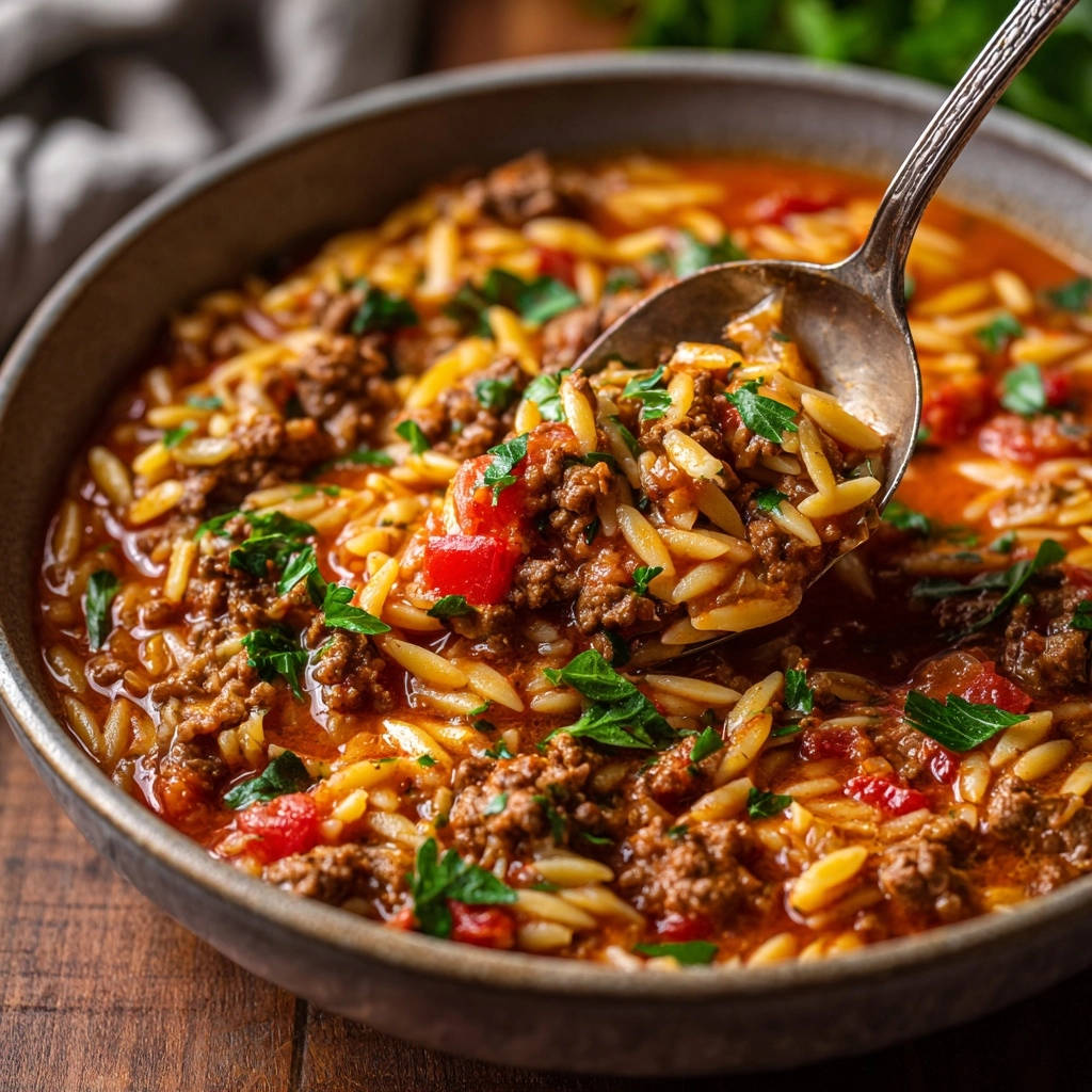 Hearty beef and orzo skillet shown in a close-up spoonful, highlighting the tender orzo and rich beef mixture.