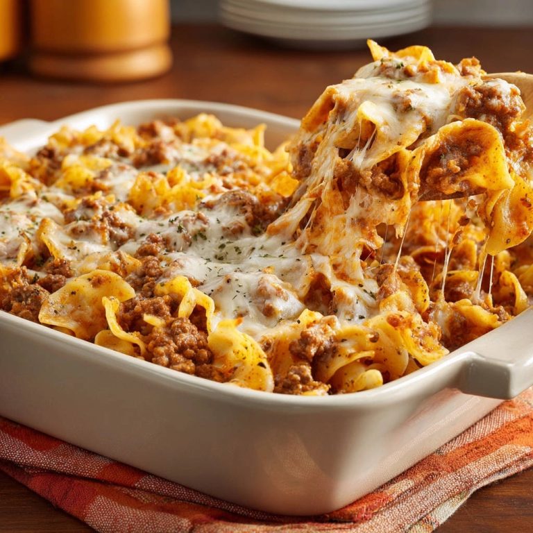 Hearty beef & noodle bake with gooey melted cheese being lifted from the baking dish with a serving spoon.