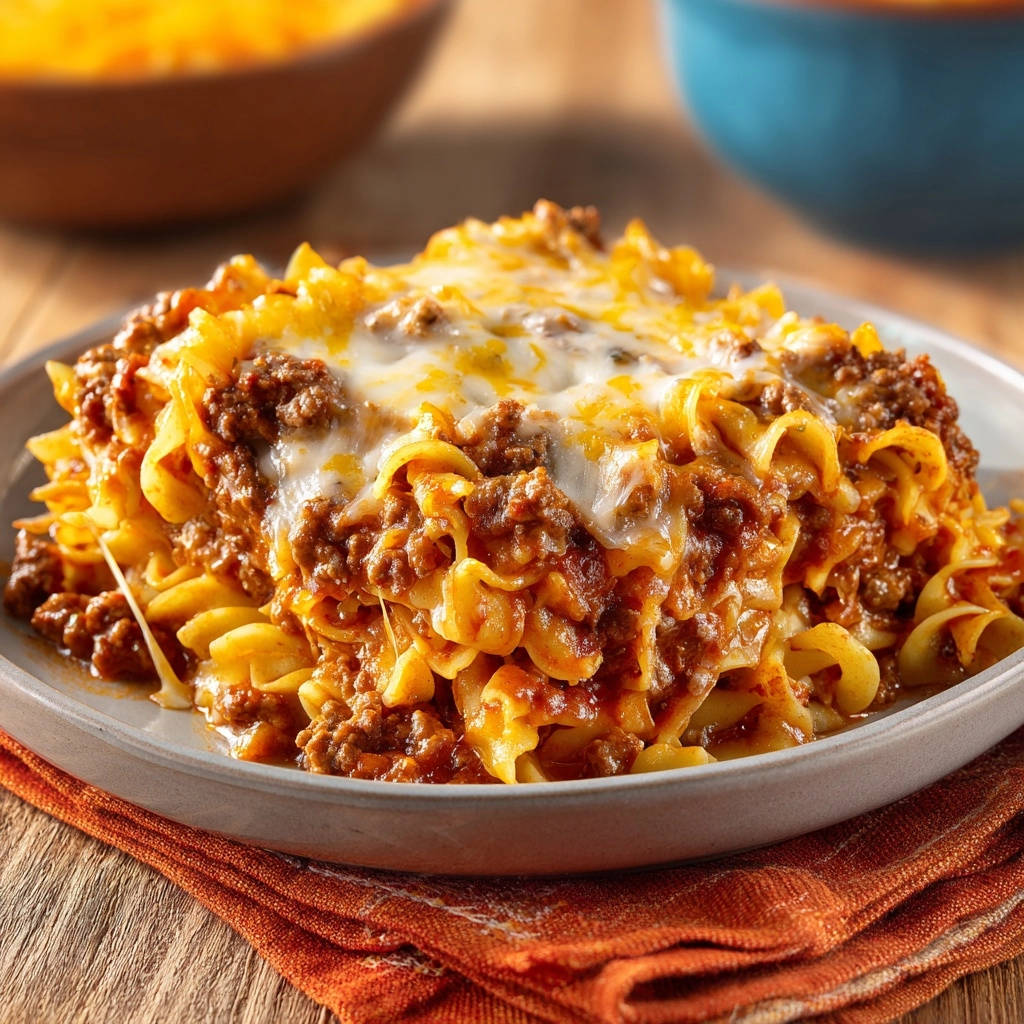 Hearty beef & noodle bake served on a plate showing a close-up view of the cheesy, saucy pasta layers.