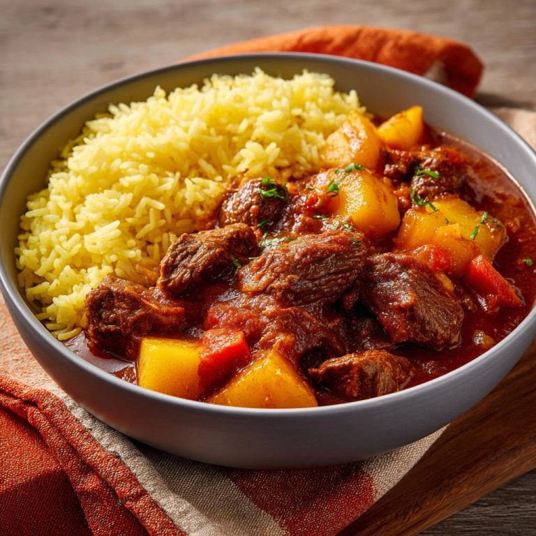 Hearty beef and potato stew shown in a bowl with fluffy yellow rice, close-up view.