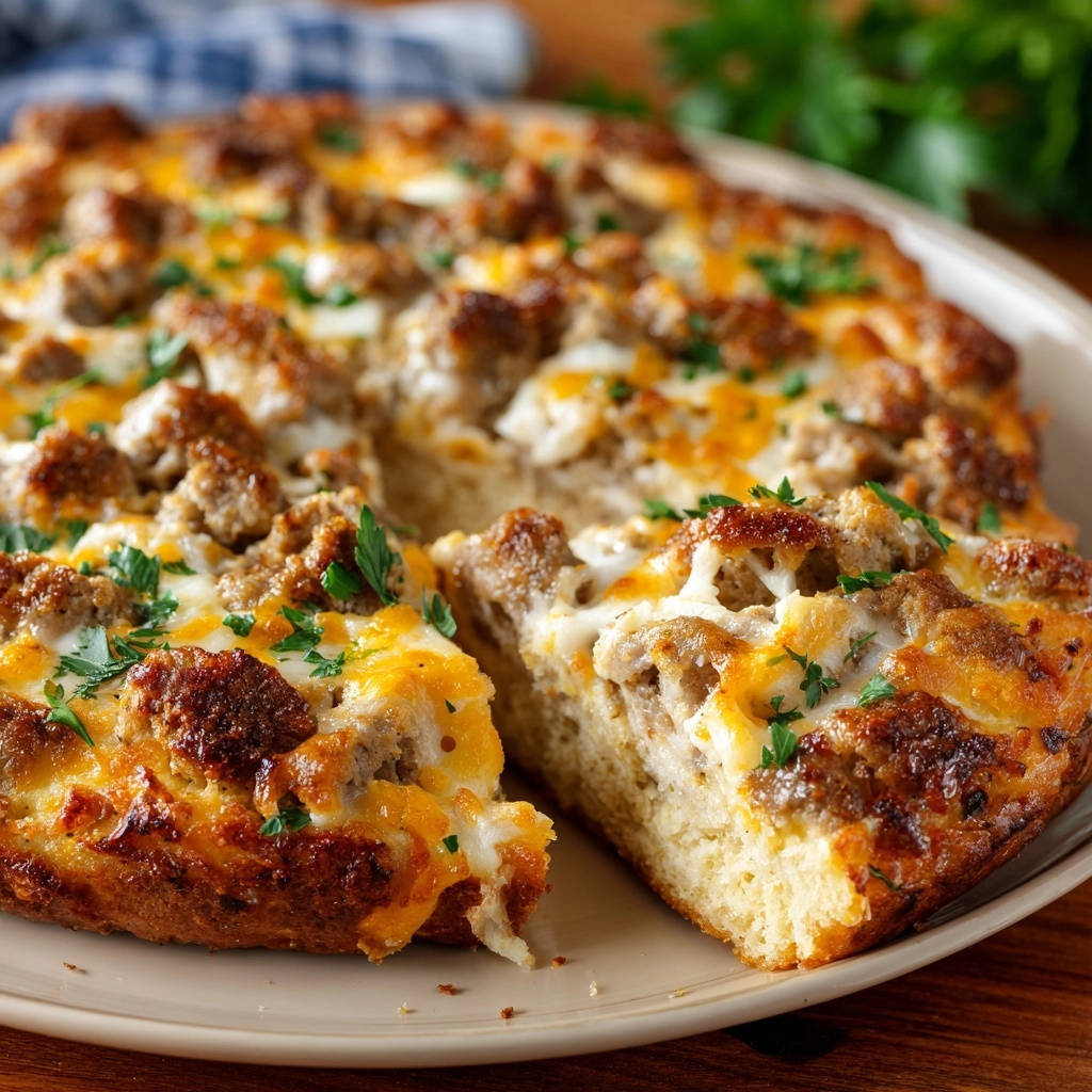 Hearty breakfast pizza showcasing a close-up cross-section with a slice revealing its layers of sausage and cheese.