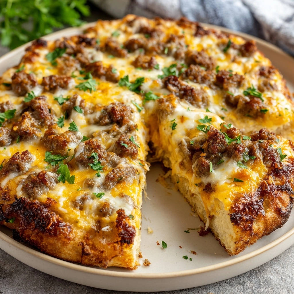 Hearty breakfast pizza shown in a close-up cross-section, highlighting melted cheese and sausage on a golden crust.