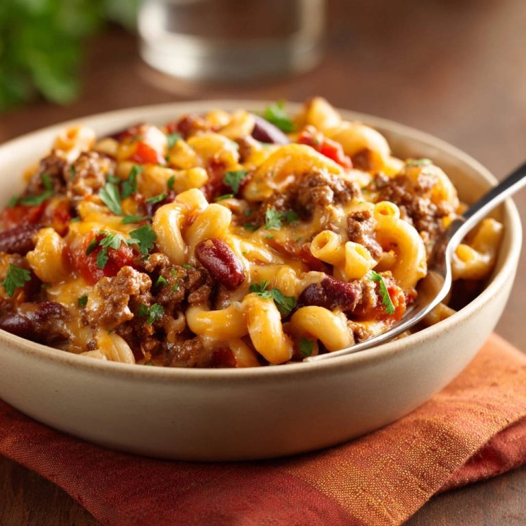Hearty chili mac skillet shown in a close-up view of a bowl with a spoon, featuring pasta, ground beef, and kidney beans.