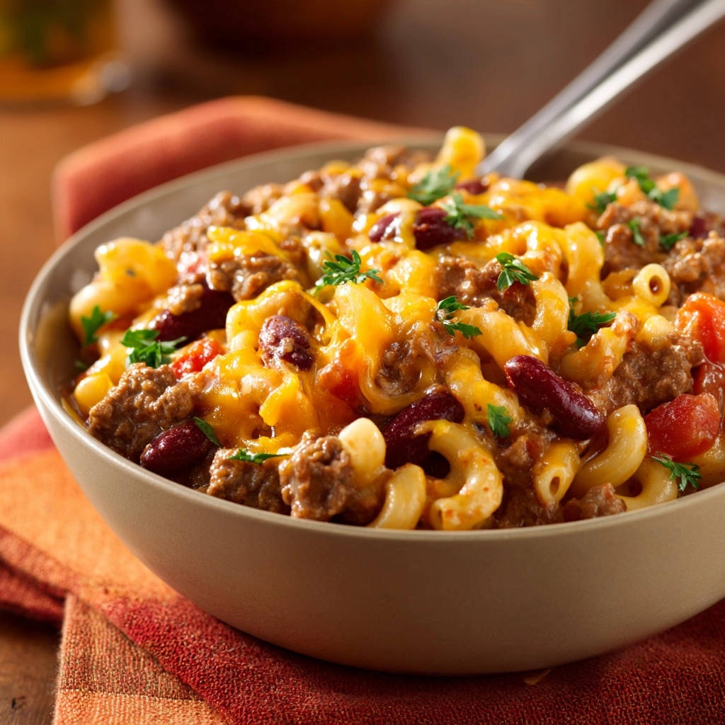 Hearty chili mac skillet served in a rustic bowl, showcasing tender macaroni, seasoned ground beef, and melted cheddar cheese with fresh parsley garnish.