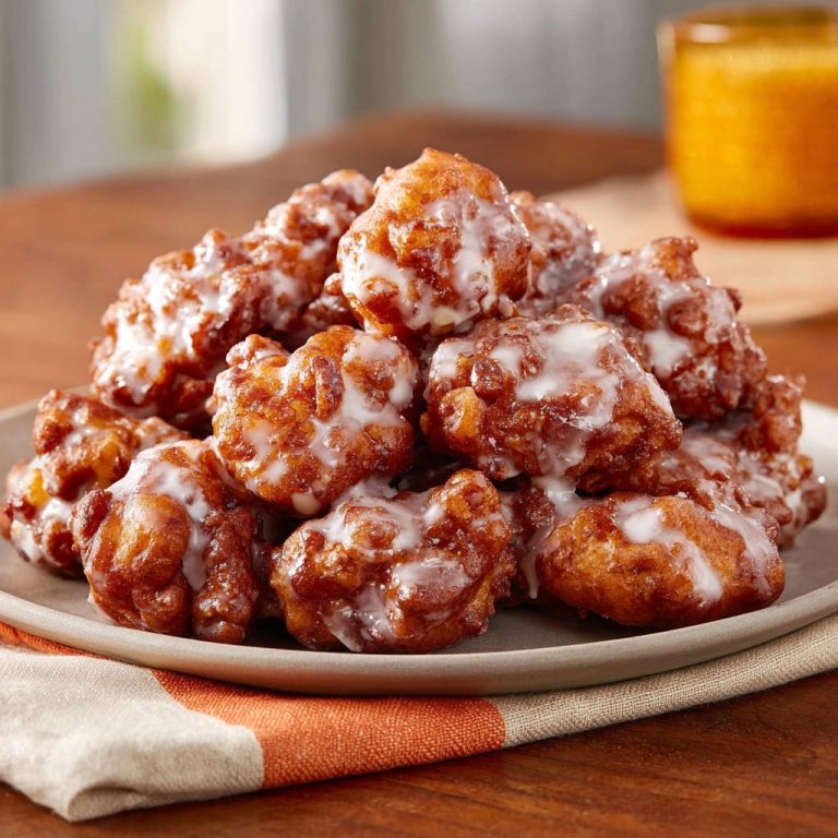 Homemade apple fritters piled high and drizzled with a sweet glaze, ready to be enjoyed.