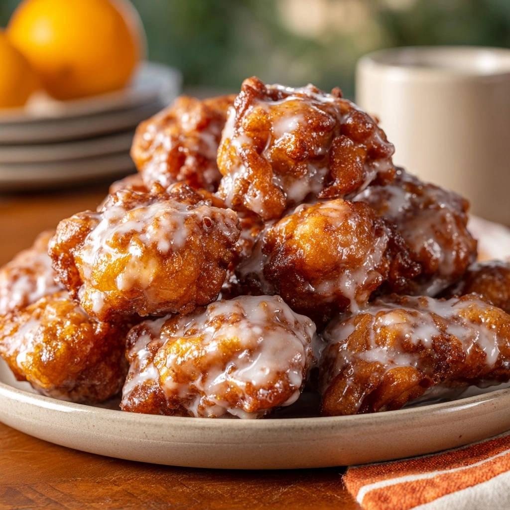 Homemade apple fritters piled high on a plate, generously drizzled with a sweet white glaze.