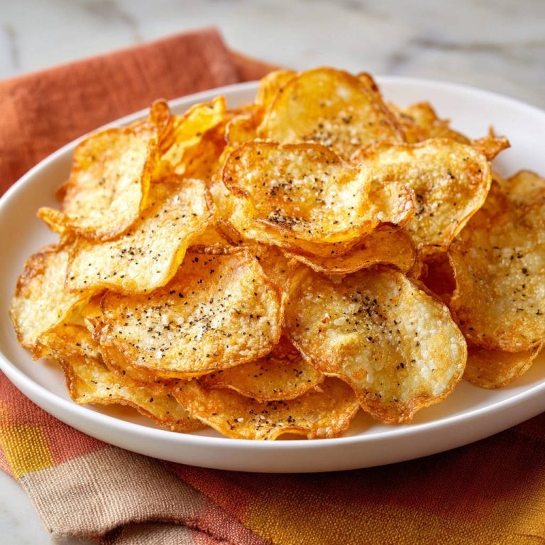 Homemade potato chips seasoned with salt and pepper, piled high in a white bowl.