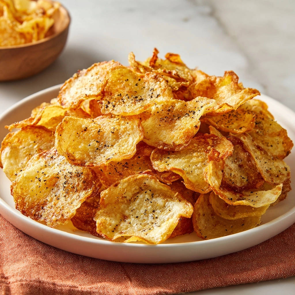 Homemade potato chips piled high on a white plate, seasoned with pepper.