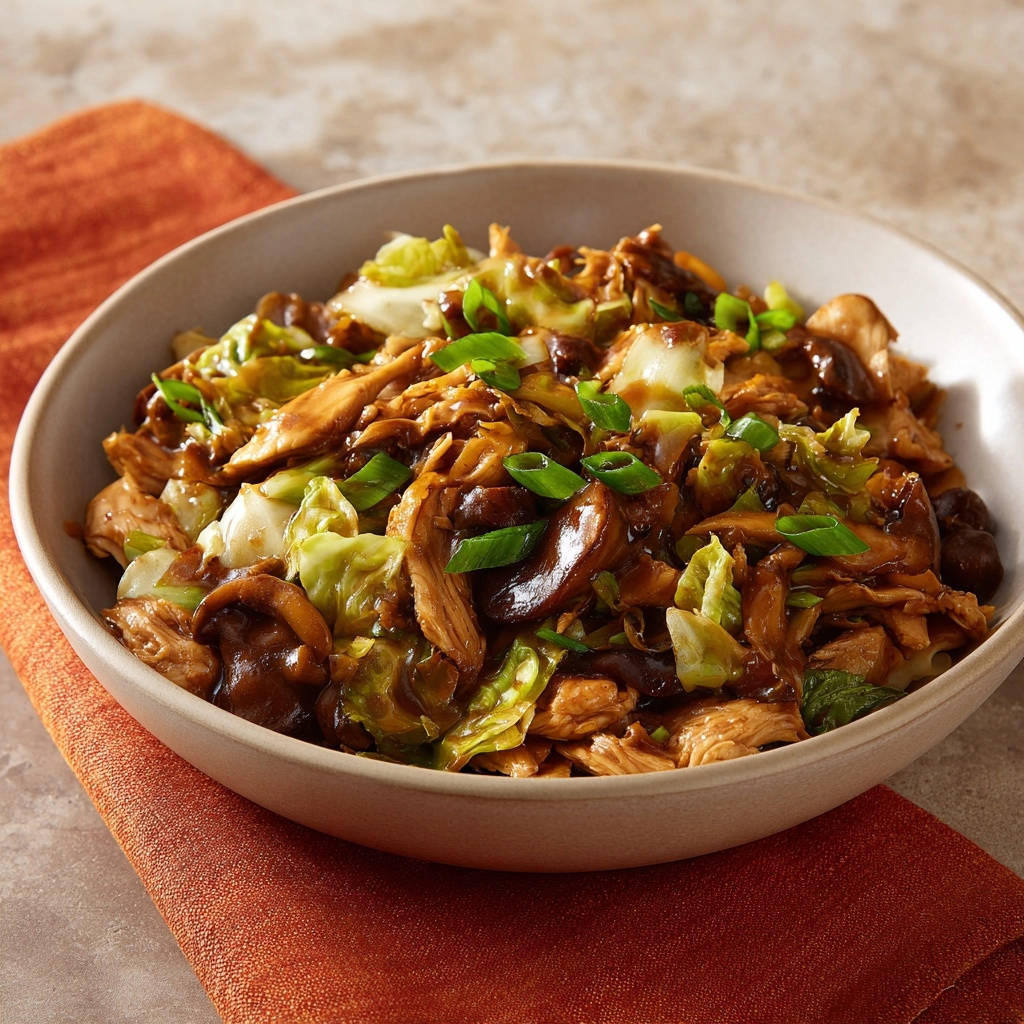 Homestyle chicken and cabbage skillet with shiitake mushrooms and a thick sauce, served in a bowl.