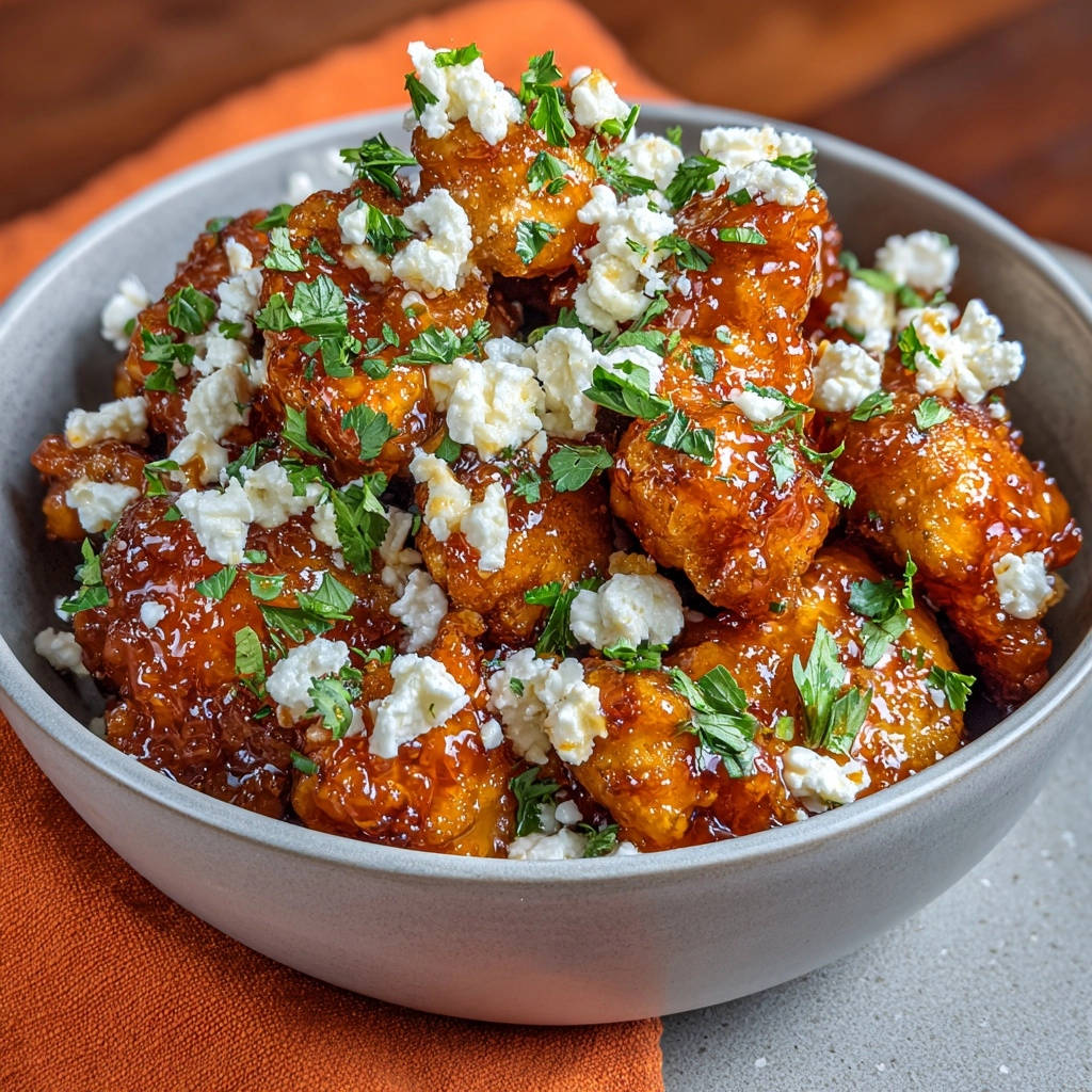 Honey garlic chicken bites topped with crumbled feta cheese and fresh parsley in a bowl.