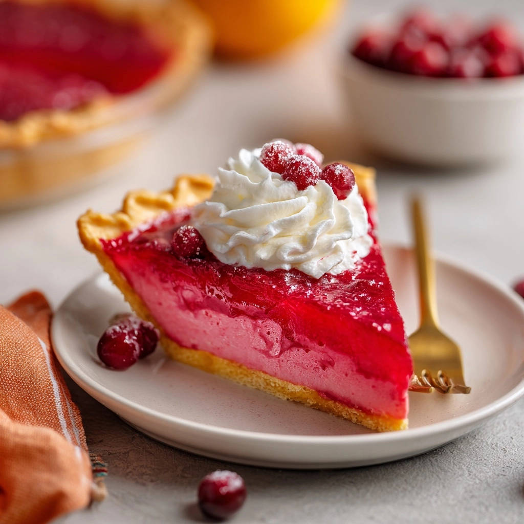 Layered cranberry cream pie slice showing a cross-section with whipped cream and fresh cranberries on top.