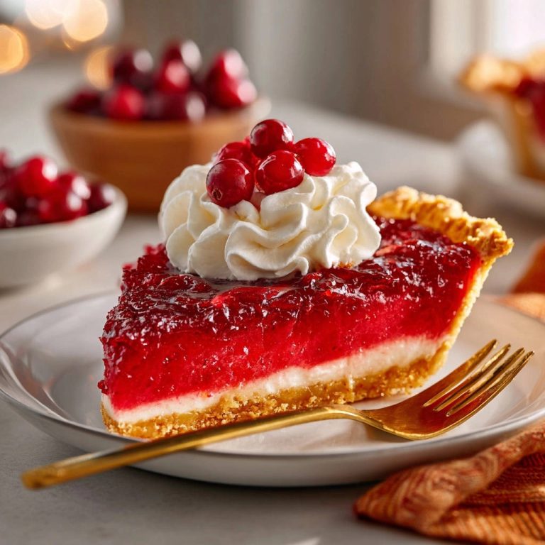 Layered cranberry cream pie slice with whipped cream and fresh cranberries on top, presented on a white plate.