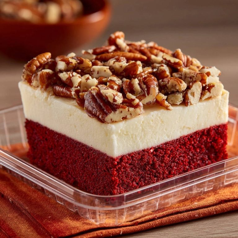 Layered red velvet pecan bars shown in a close-up slice, highlighting the distinct red velvet cake and creamy topping with pecans.