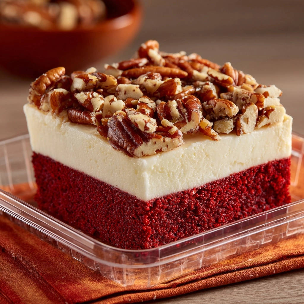 Layered red velvet pecan bars shown in a close-up slice, highlighting the distinct red velvet cake and creamy topping with pecans.