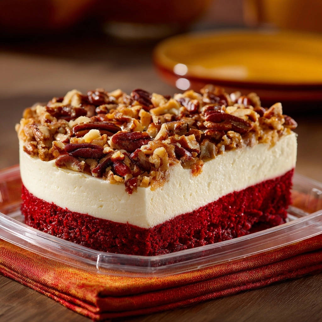 Layered red velvet pecan bars showing a thick red velvet base topped with cream cheese and candied pecans.