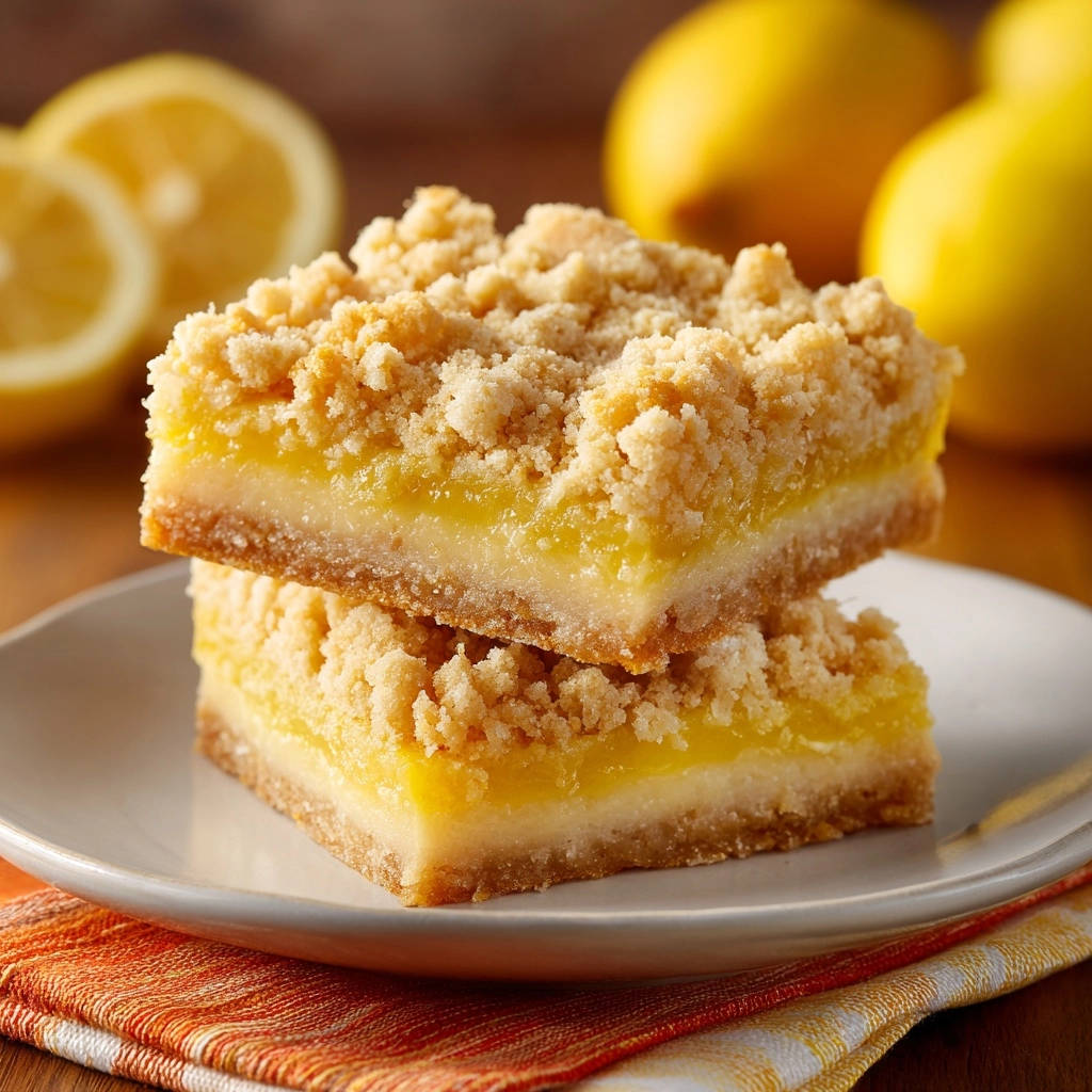 Lemon crumble bars, a zesty and never runny dessert, shown stacked with a close-up view of their crumb topping and bright lemon filling.