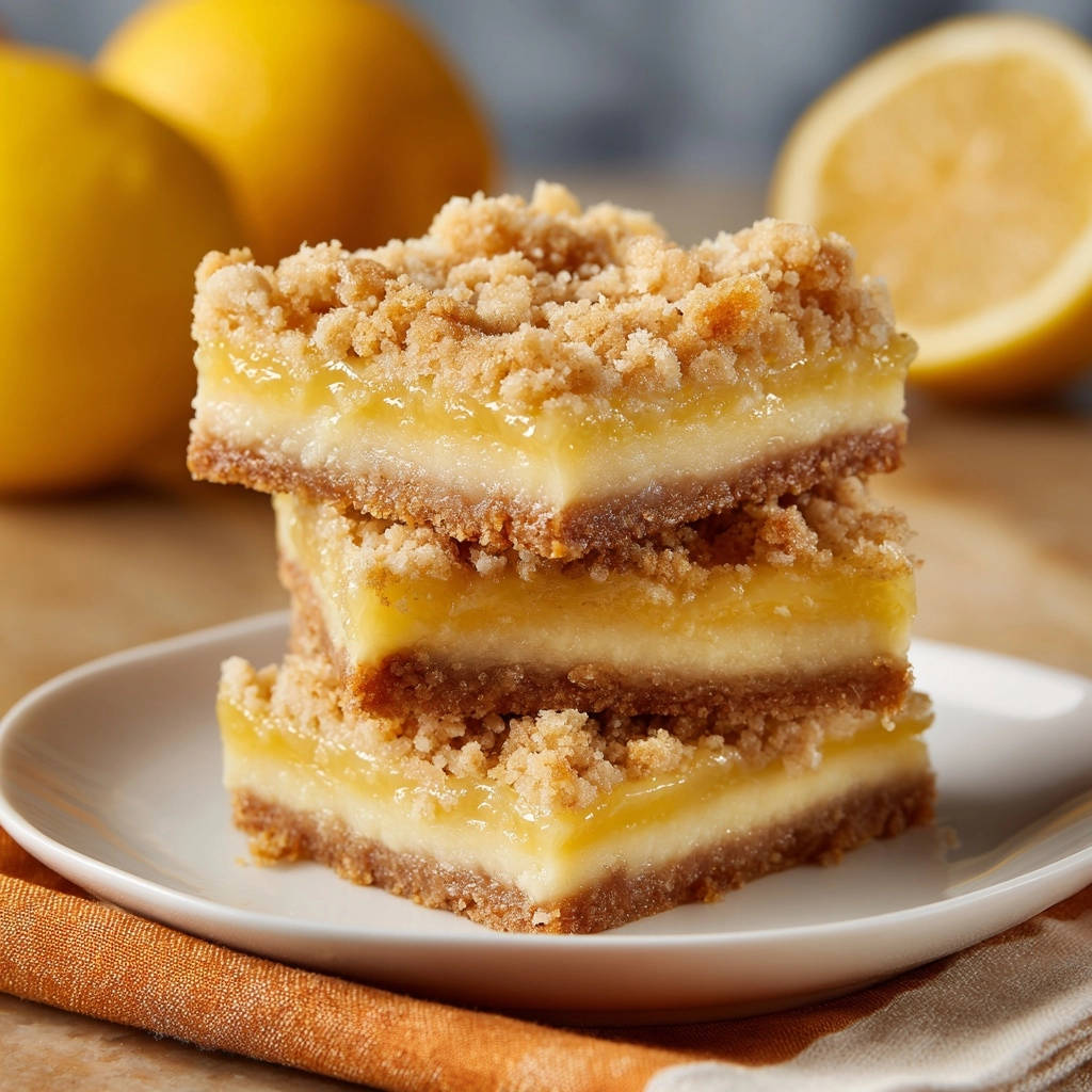 Lemon crumble bars, a stack of three showing the crumb topping, zesty filling, and shortbread crust.