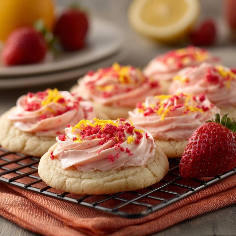 Lemon strawberry frosted sugar cookies cooling on a rack with fresh strawberries and lemon in the background.