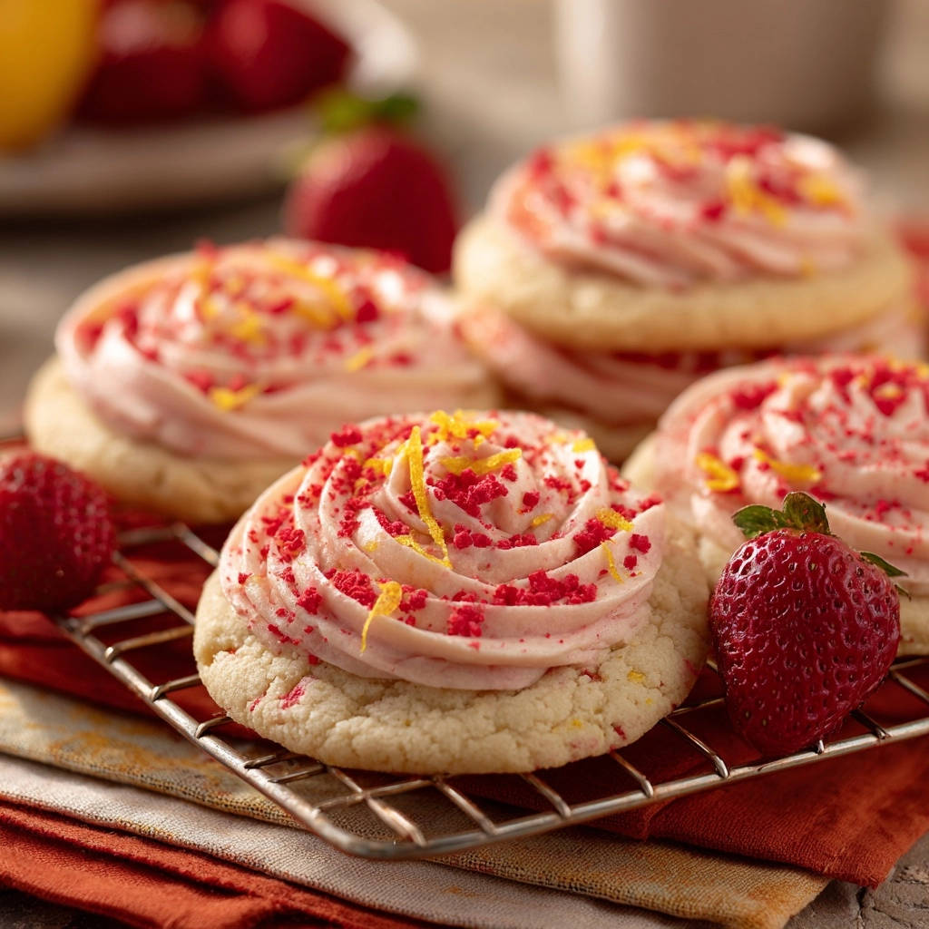 Lemon strawberry frosted sugar cookies with pink frosting and red sprinkles cooling on a wire rack.