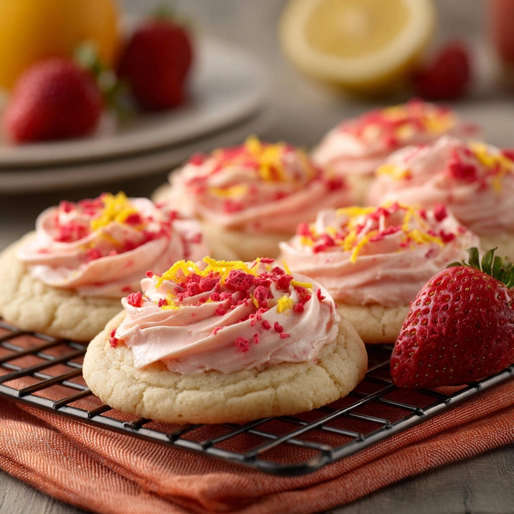 Lemon strawberry frosted sugar cookies cooling on a rack with fresh strawberries and lemon in the background.