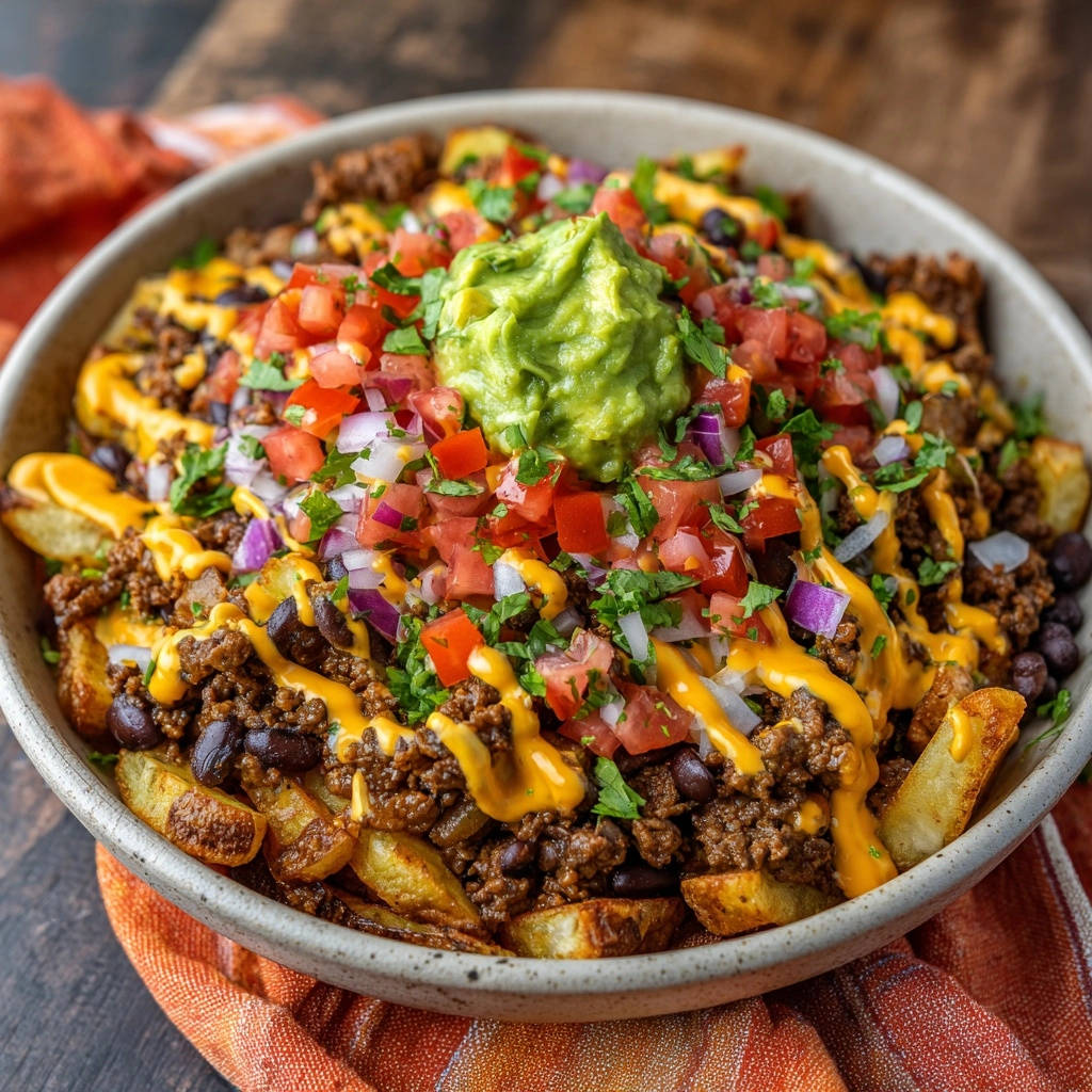 Loaded fiesta potatoes topped with seasoned ground beef, black beans, pico de gallo, and guacamole.