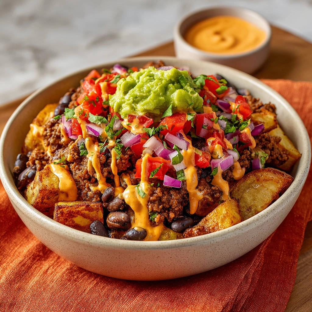 Loaded Fiesta Potatoes served in a bowl with a generous topping of guacamole, tomatoes, and red onions.