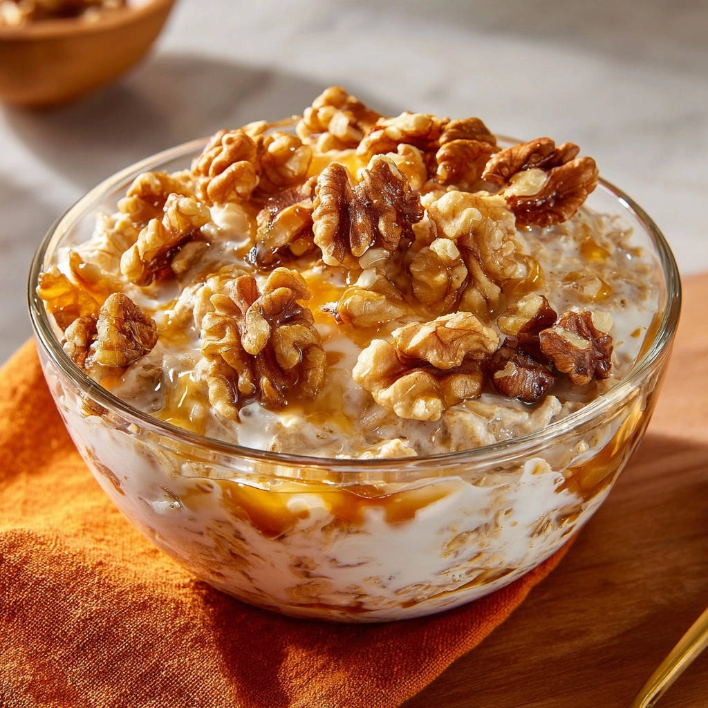 Maple walnut overnight oats with a generous topping of walnuts and drizzled maple syrup in a clear bowl.