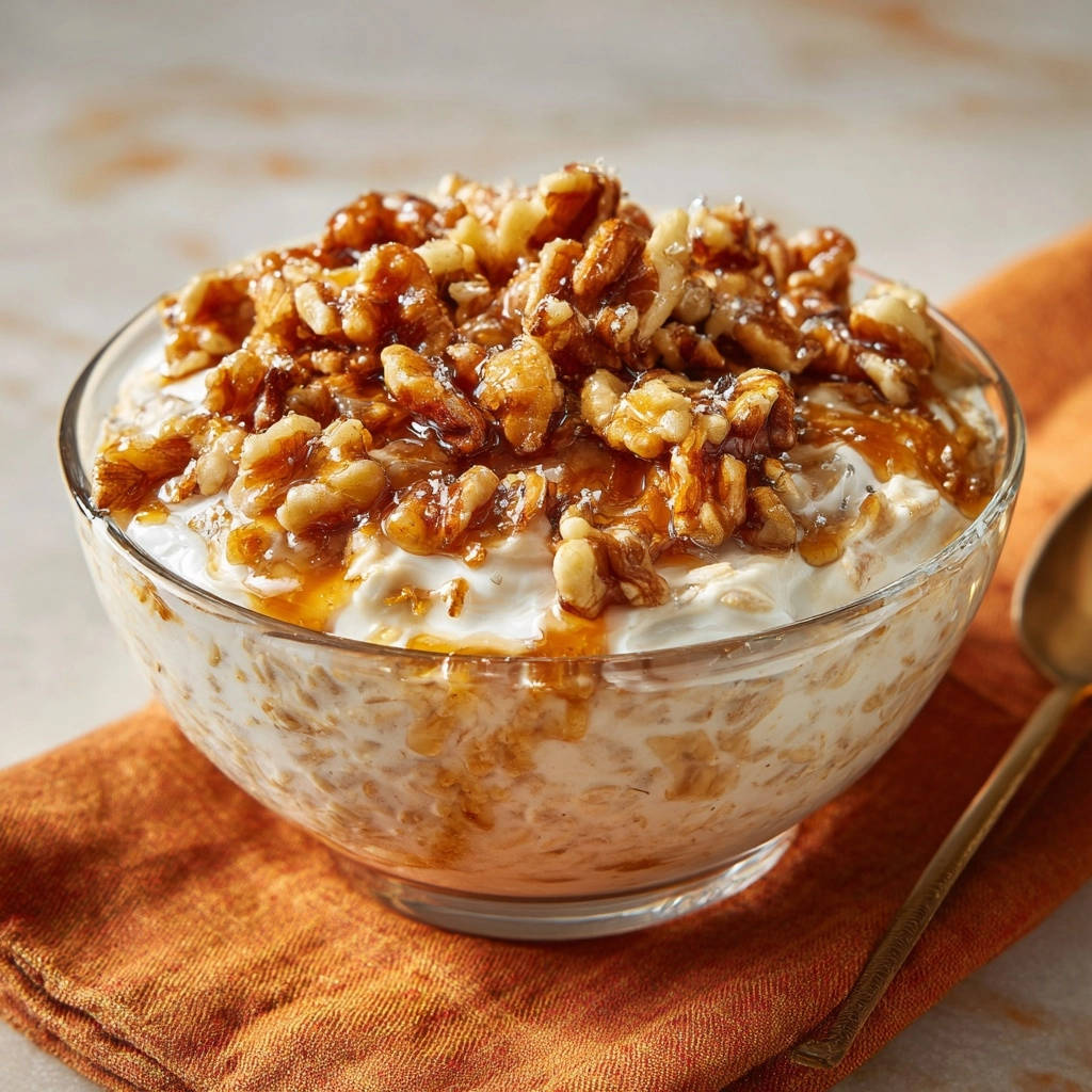 Maple walnut overnight oats topped with glazed walnuts and a drizzle of syrup.