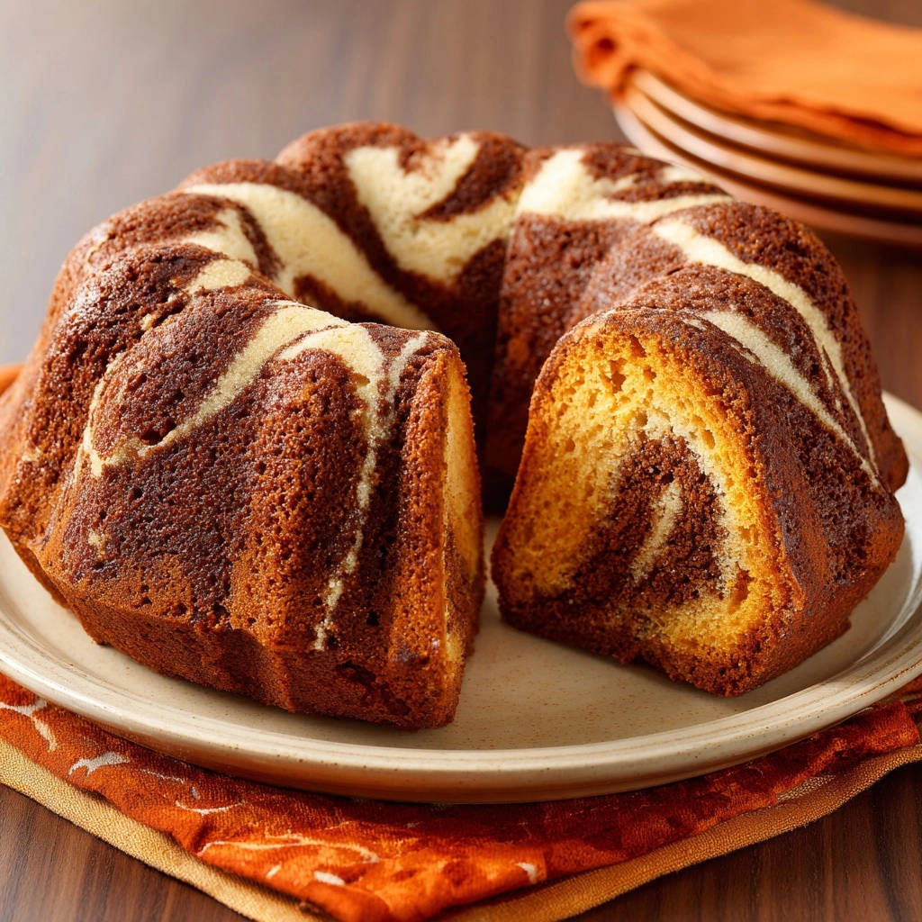 Classic Marble Bundt Cake shown with a slice removed, revealing its swirled chocolate and vanilla interior.