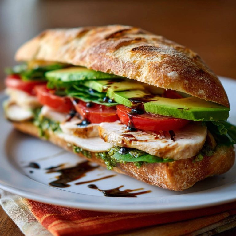 Mediterranean chicken and pesto sub shown in a close-up cross-section revealing layers of chicken, tomato, avocado, and pesto on a crusty roll.
