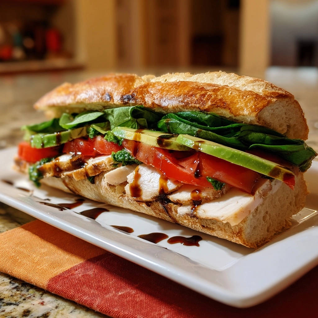 Mediterranean chicken and pesto sub shown in a close-up cross-section revealing layers of chicken, tomato, avocado, and spinach.