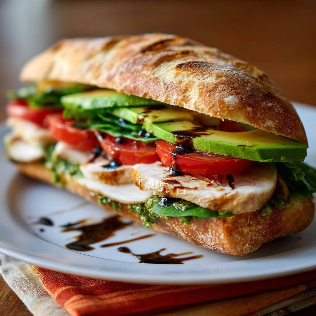Mediterranean chicken and pesto sub shown in a close-up cross-section revealing layers of chicken, tomato, avocado, and pesto on a crusty roll.