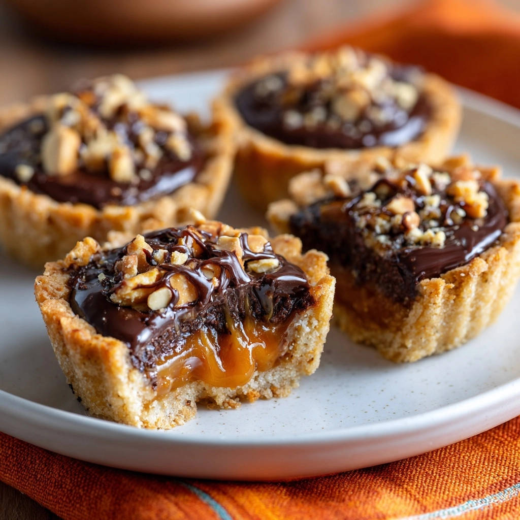 Mini chocolate peanut caramel tarts shown in a close-up cross-section revealing the gooey caramel filling and chocolate topping.