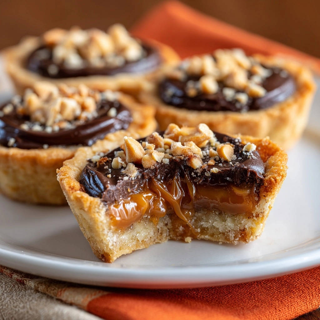 Mini chocolate peanut caramel tarts with a gooey caramel cross-section shown on a white plate.