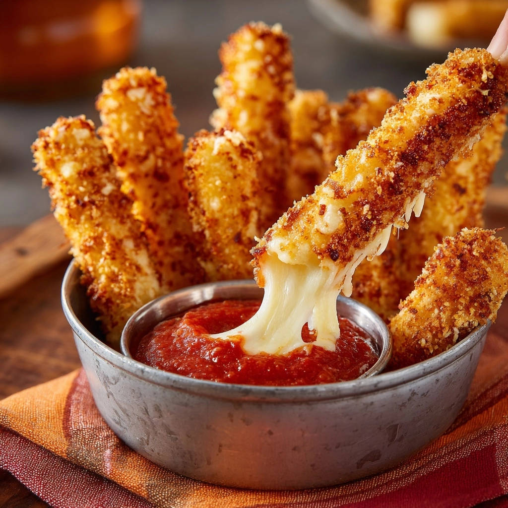 Crispy mozzarella bites with a gooey cheese pull dipping into rich marinara sauce.