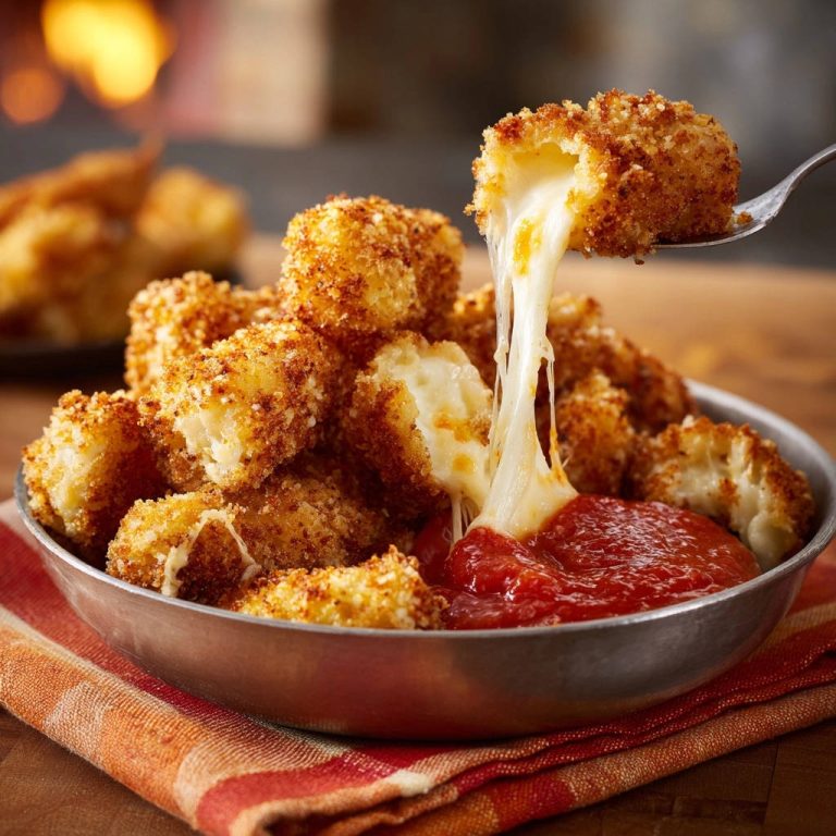 Crispy mozzarella bites showing a gooey cheese pull, served with marinara sauce in a metal bowl.