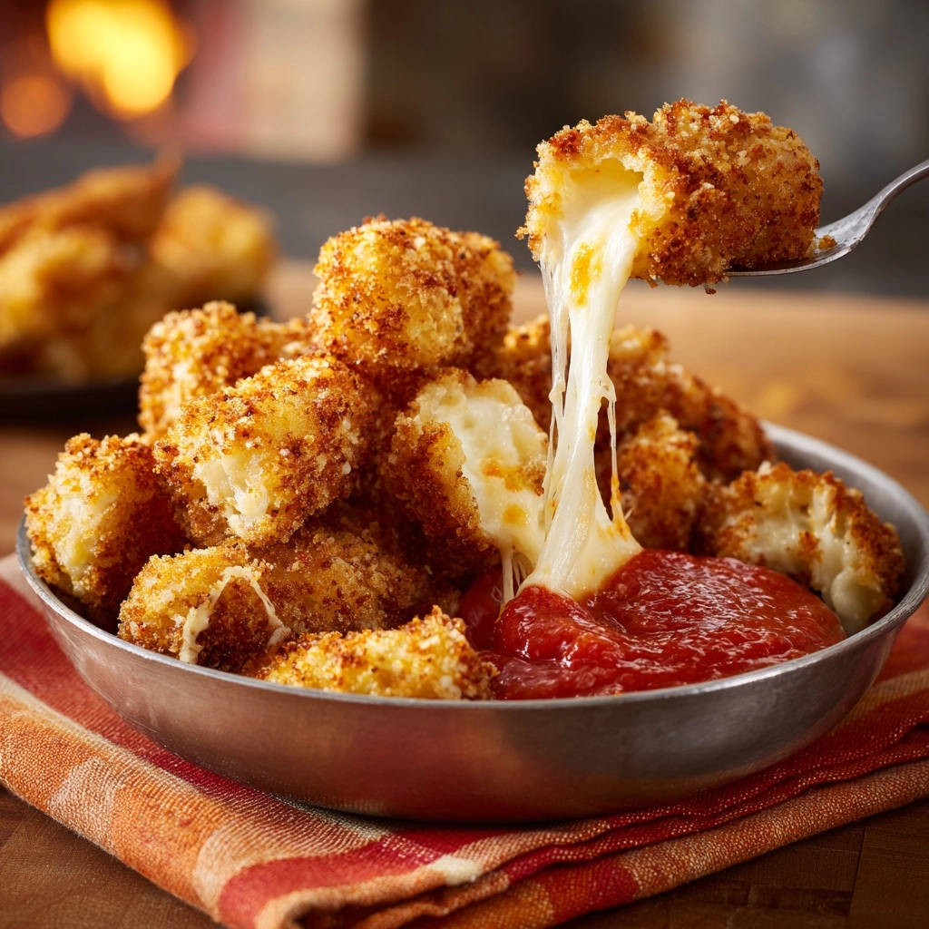 Crispy mozzarella bites showing a gooey cheese pull, served with marinara sauce in a metal bowl.