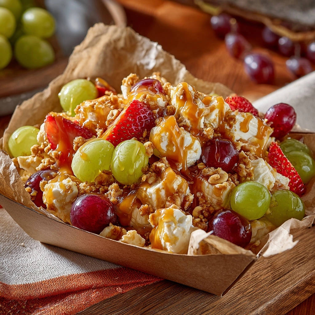 No-bake caramel fruit crumble delight shown in a close-up detail with caramel drizzle and fresh fruit.