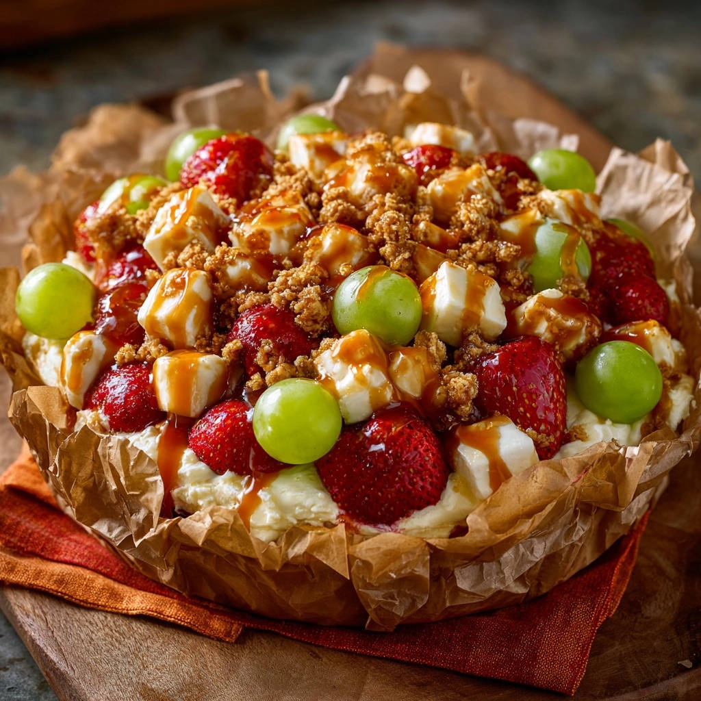 No-bake caramel fruit crumble delight shown from an overhead perspective with a detailed view of the topping and fresh fruit.