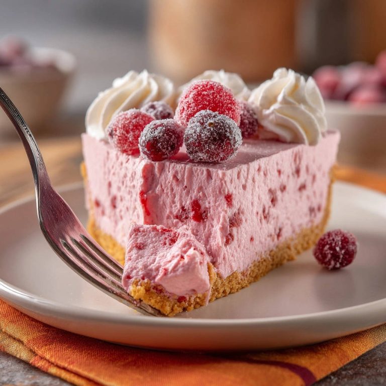 No-bake cranberry cheesecake with a fork taking a fluffy slice, showing the interior texture.