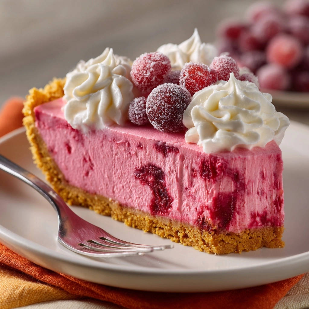 No-bake cranberry cheesecake slice garnished with whipped cream and sugared cranberries on a white plate.