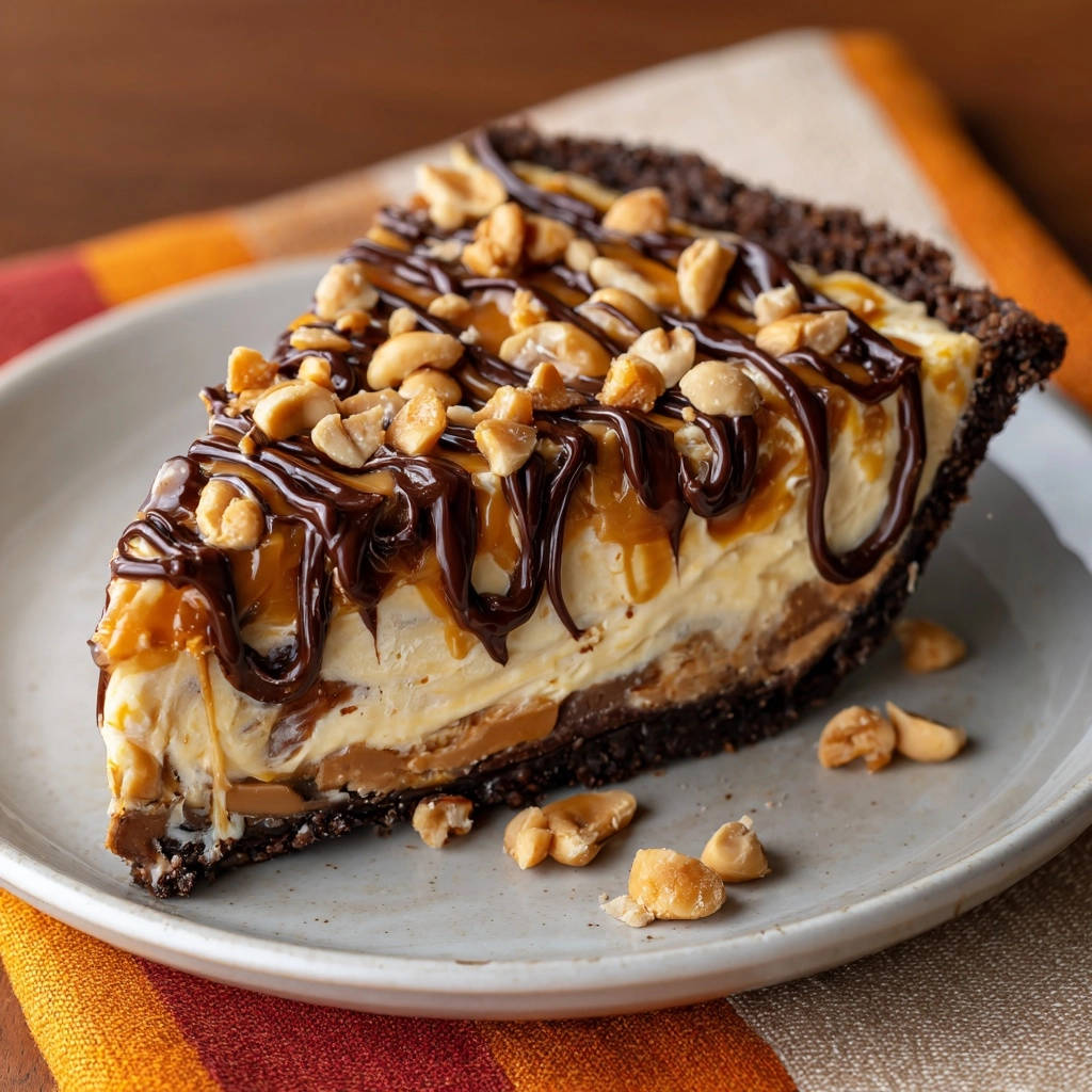 No-bake peanut butter fudge pie slice close-up showing layers of filling, chocolate drizzle, and peanuts.