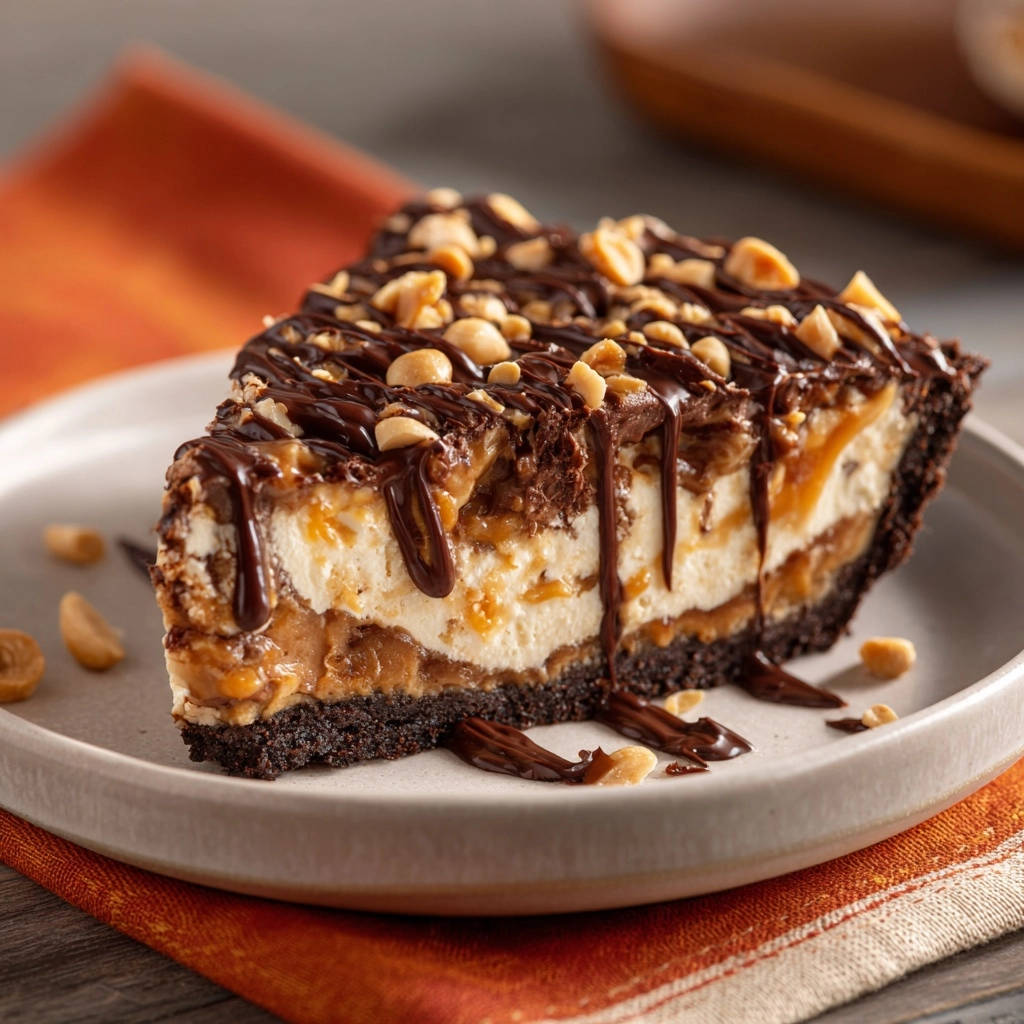 No-bake peanut butter fudge pie slice showing its decadent layers and chocolate drizzle on a plate.