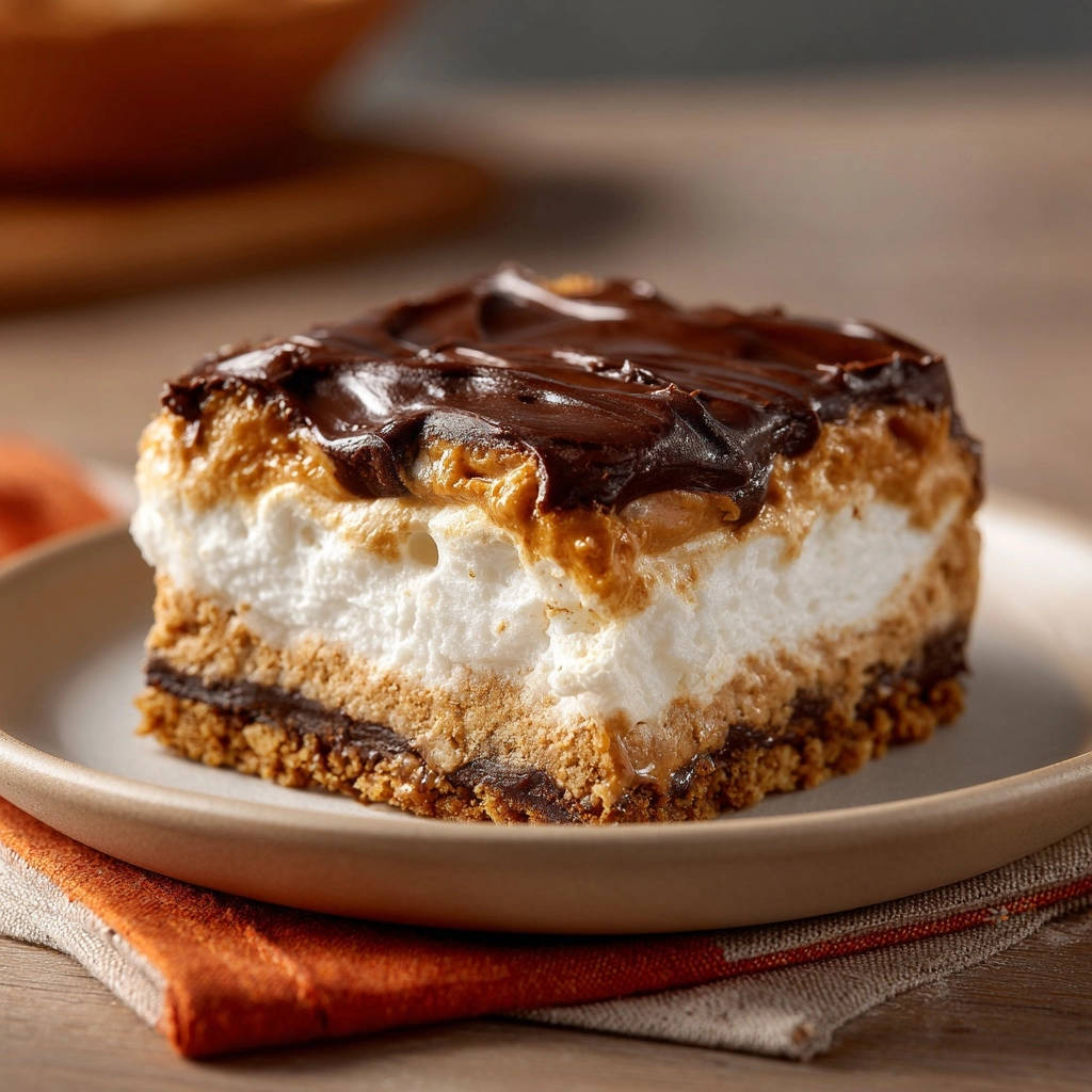 No-bake pumpkin caramel bars showing creamy marshmallow and peanut butter layers in a close-up cross-section view.