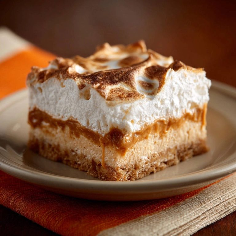 No-bake pumpkin caramel bars served as a single plated slice, showcasing layered textures and toasted meringue topping.