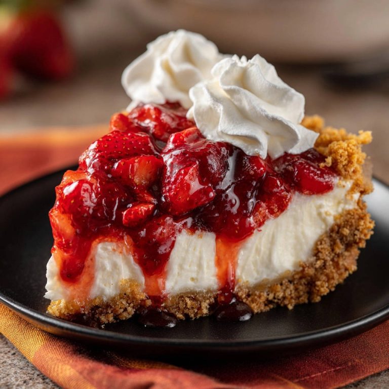 No-bake strawberry cheesecake slice topped with whipped cream and strawberry filling on a black plate.