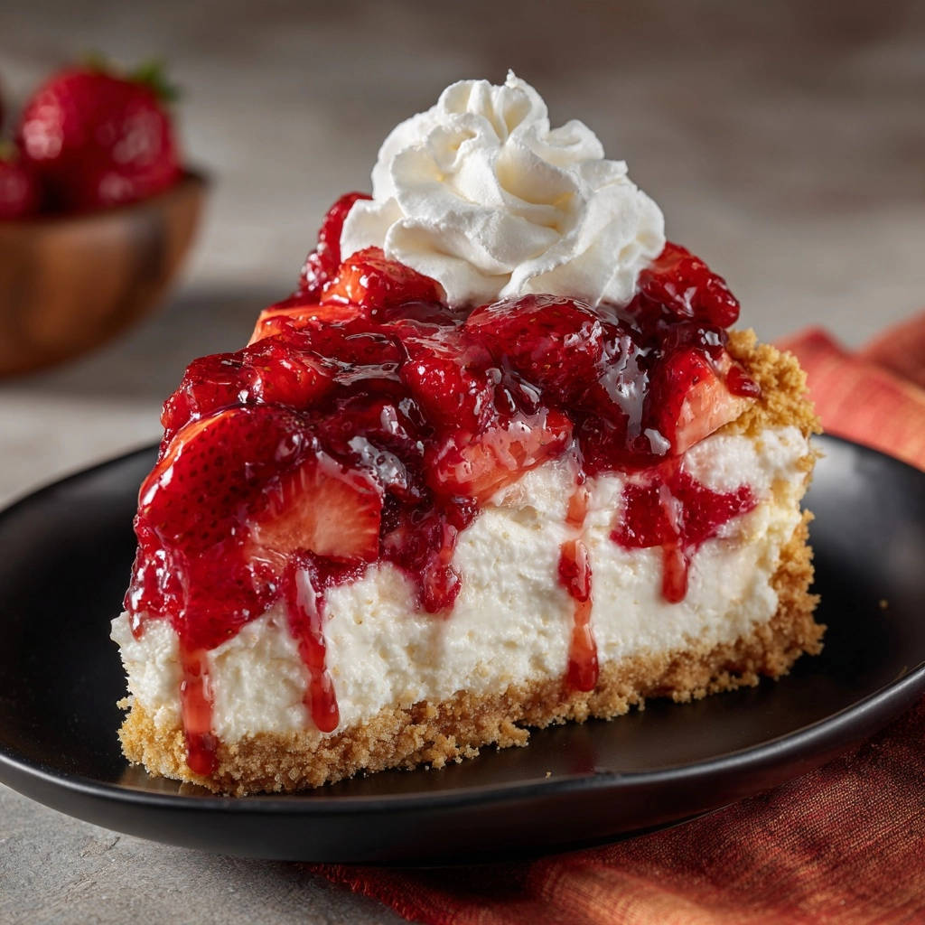 No-bake strawberry cheesecake slice topped with whipped cream and glistening strawberry filling.